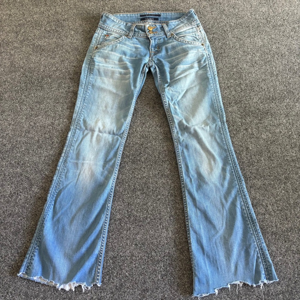Hudson Jeans Women 24 Light Wash Low Rise Flap Pocket Flare Distressed Raw Hem